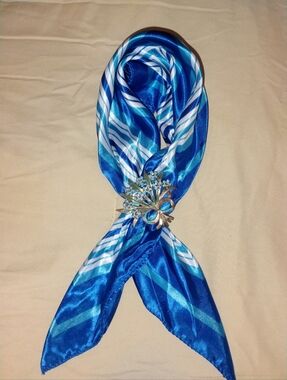 Blue Striped Satin Scarf with Floral Brooch